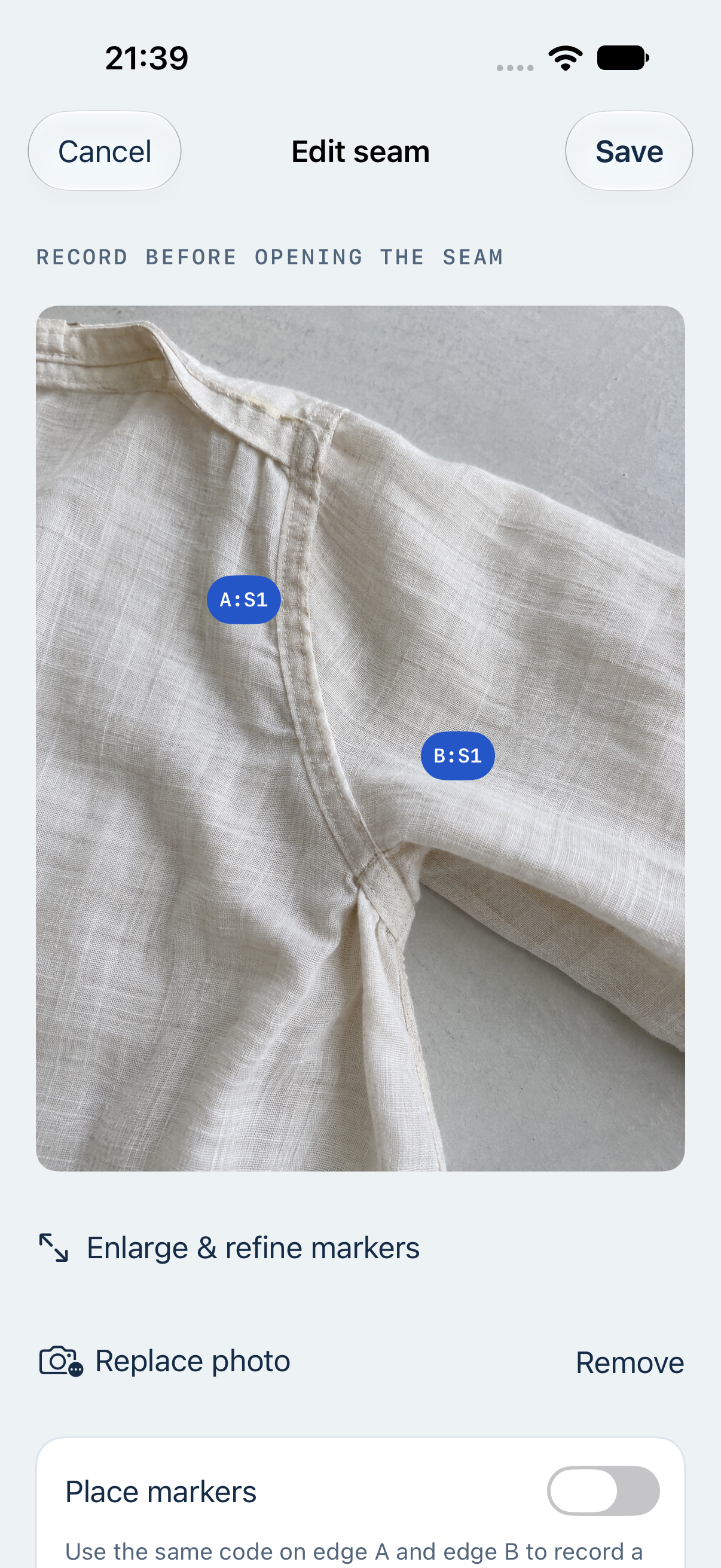 A photographed sleeve connection with matching seam markers in SeamBack.
